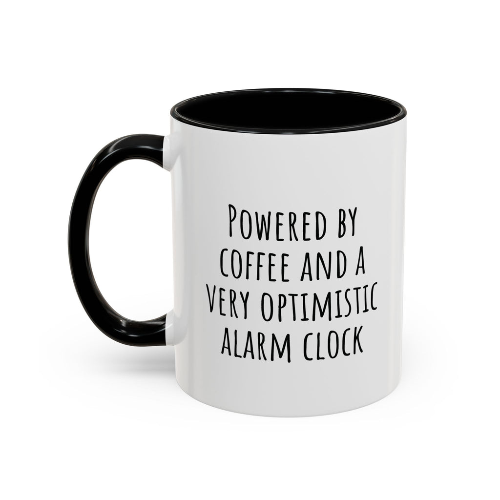Close-up of funny alarm clock quote print on coffee mug