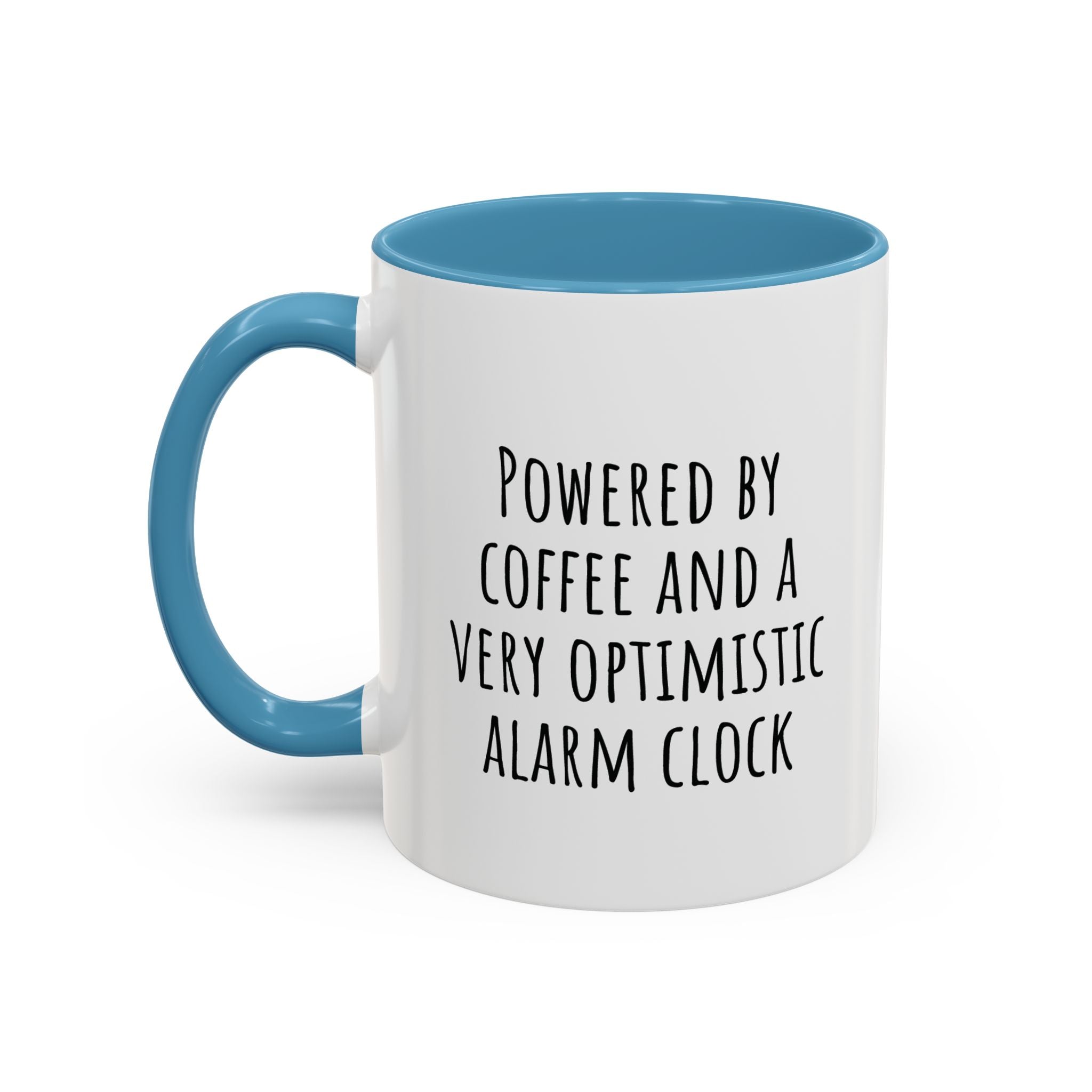 Personalized coffee mug with pink handle and funny alarm clock quote