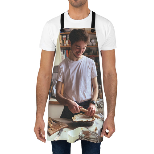 Close-up of photo print and buttonhole strap detail on personalized apron