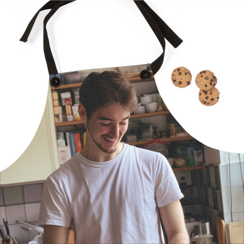 Personalized photo apron shown flat with adjustable straps