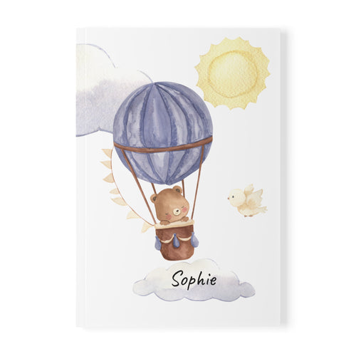 Personalized balloon bear notebook cover with bear in hot air balloon and custom name
