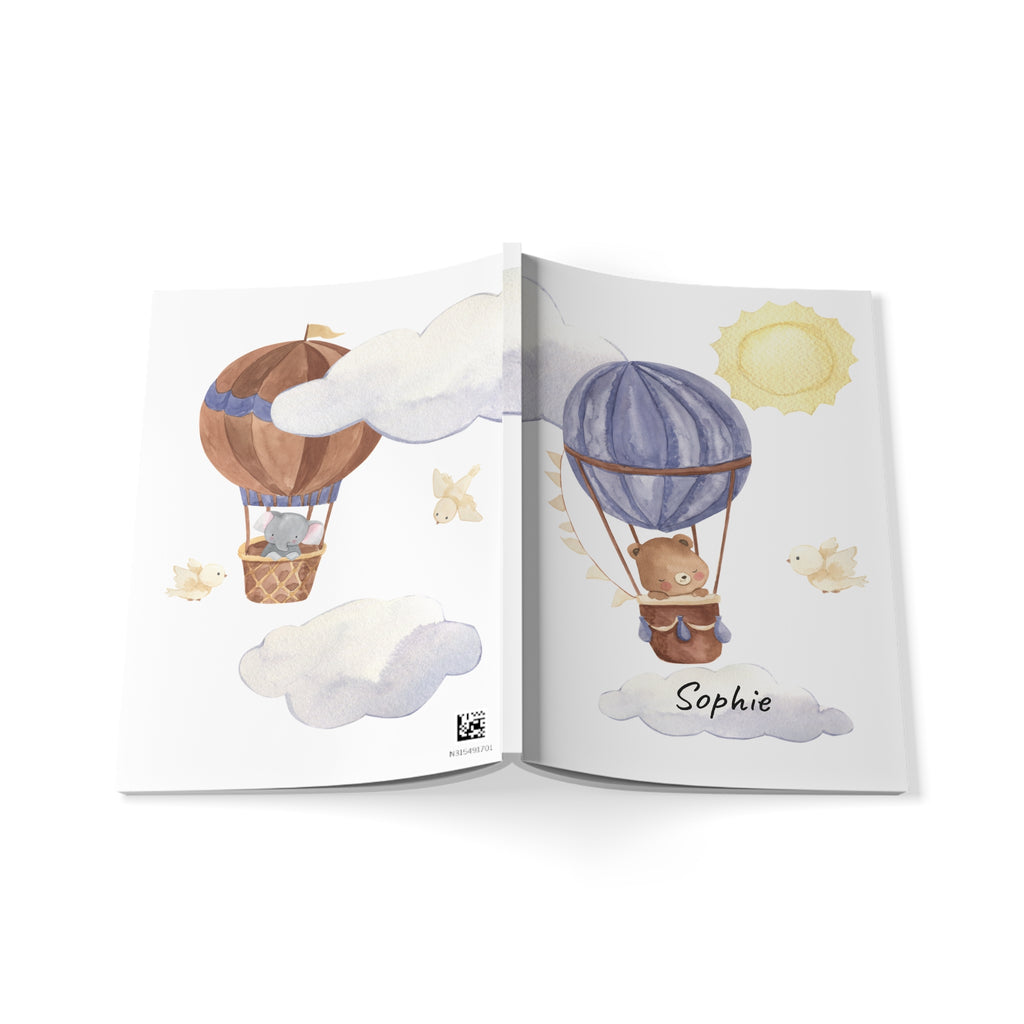 Personalized balloon bear notebook displayed on a desk