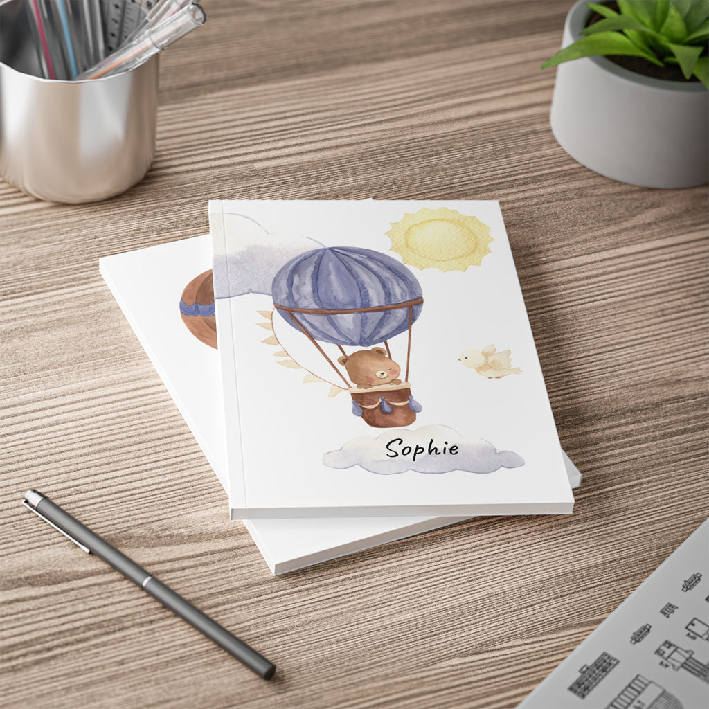 Personalized balloon bear notebook shown open lying flat