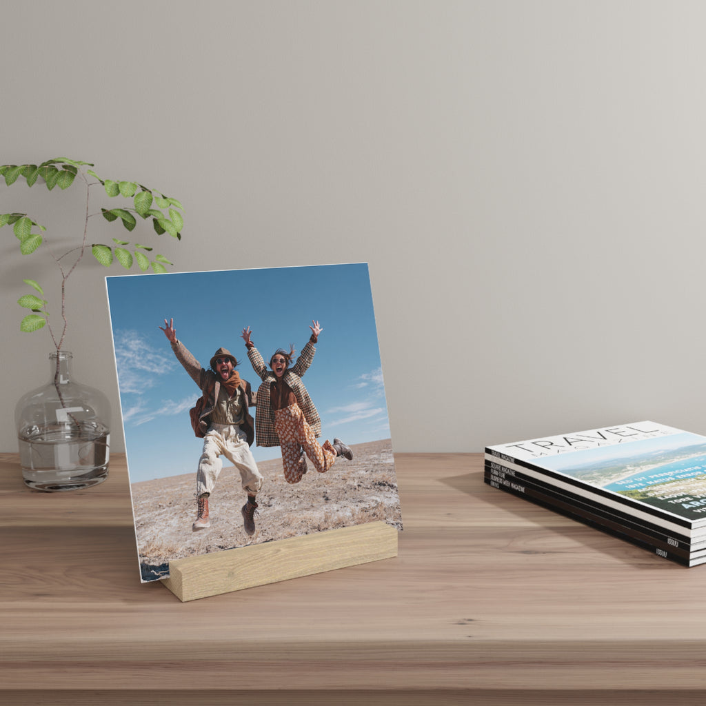 Personalized couple photo stand on a bookshelf with decor
