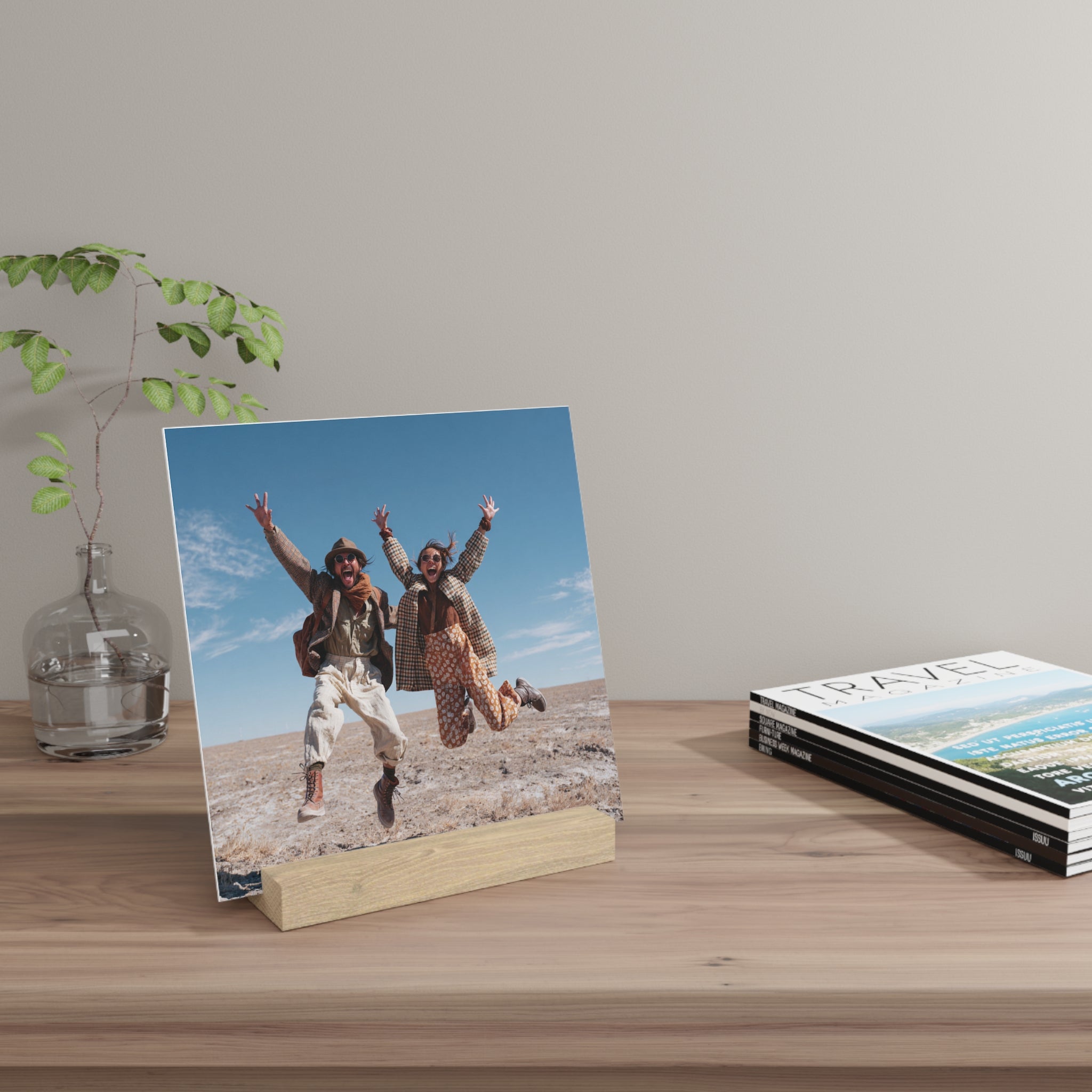 Personalized couple photo stand on a bookshelf with decor