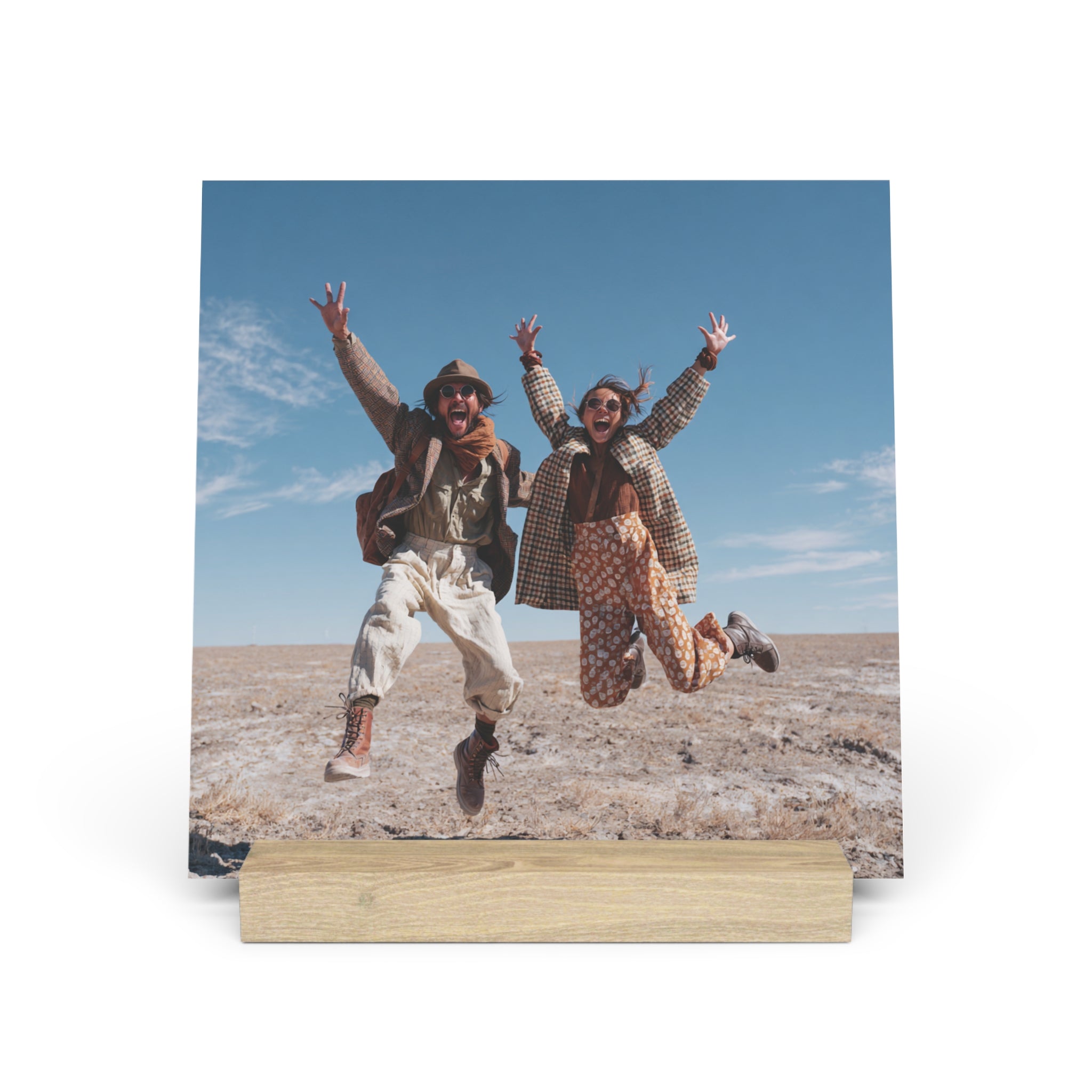 Close-up of oak stand on personalized couple photo print