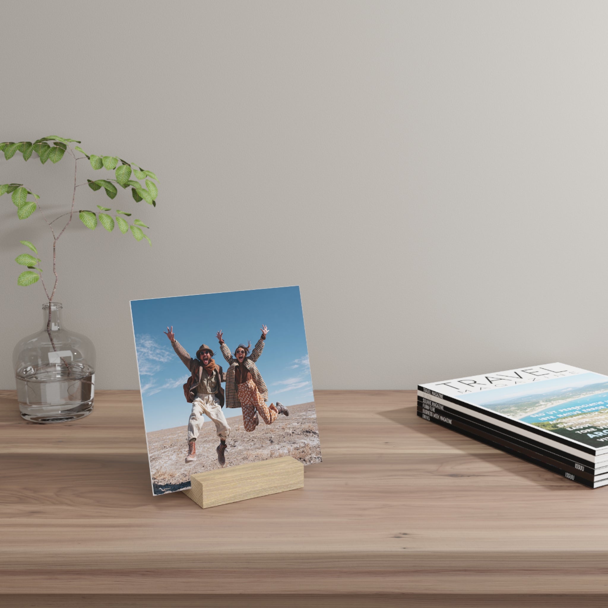 Personalized couple photo stand in a living room setting