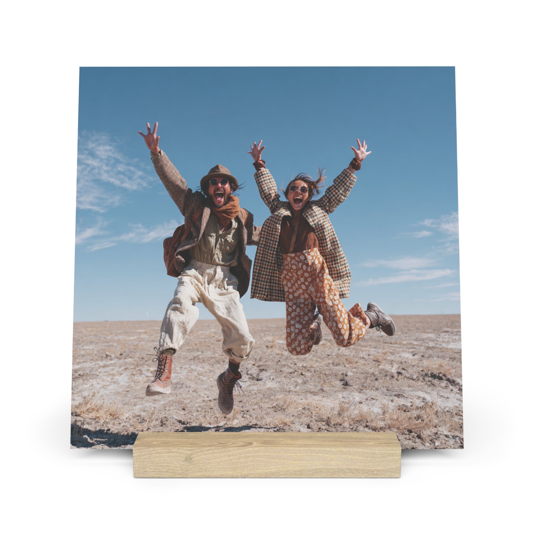 Personalized couple photo stand with photo of couple jumping in a desert