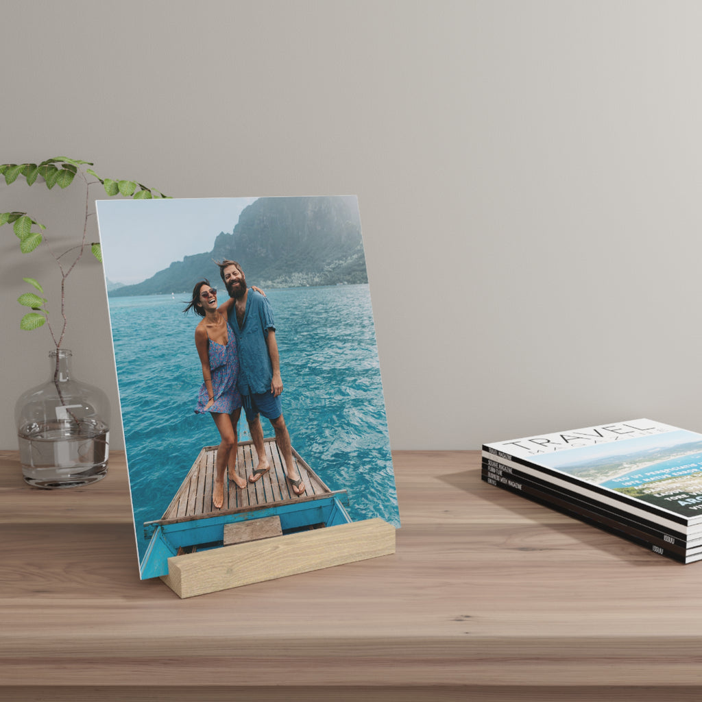 Personalized couple photo stand on a bookshelf with decor