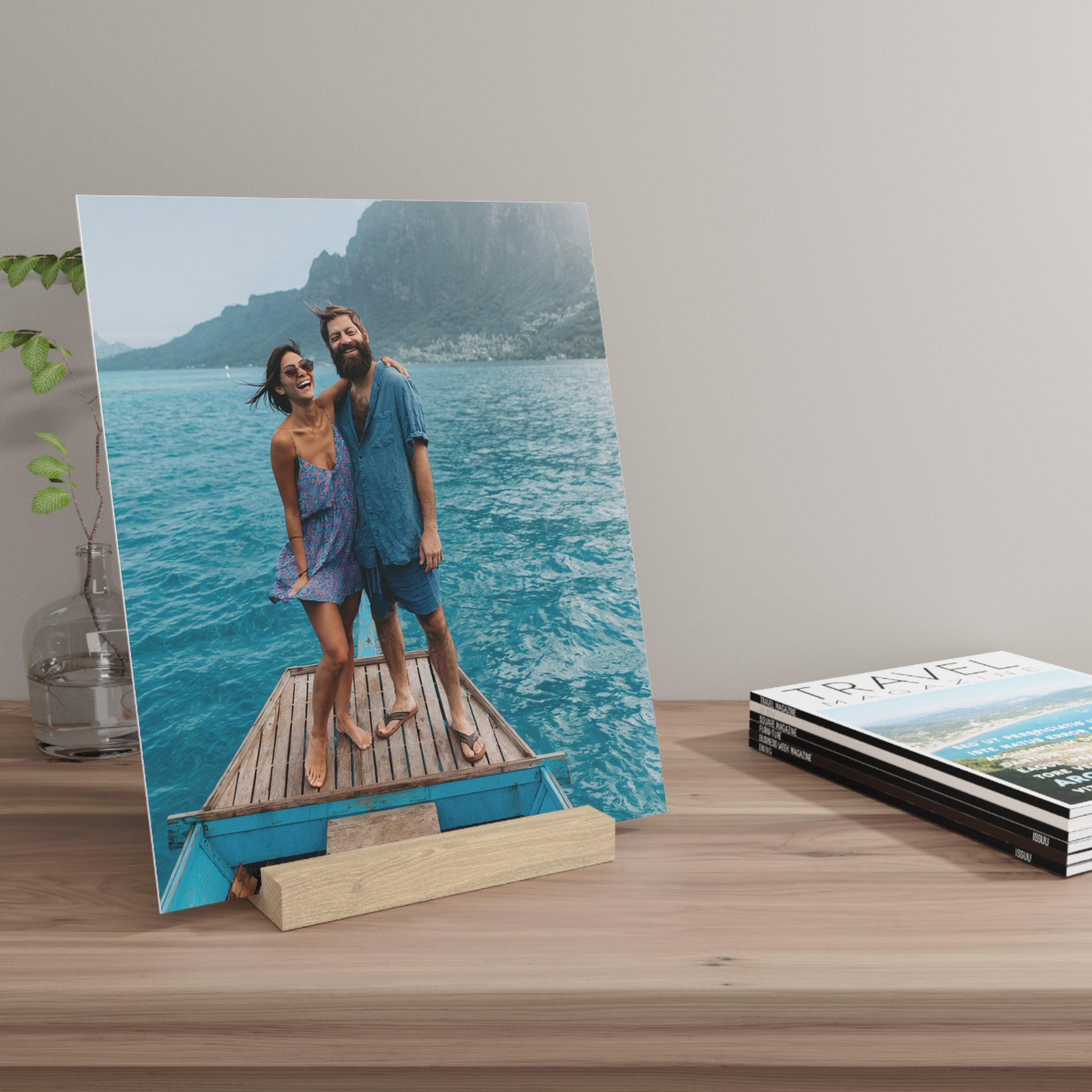 Personalized couple photo stand on an entryway table