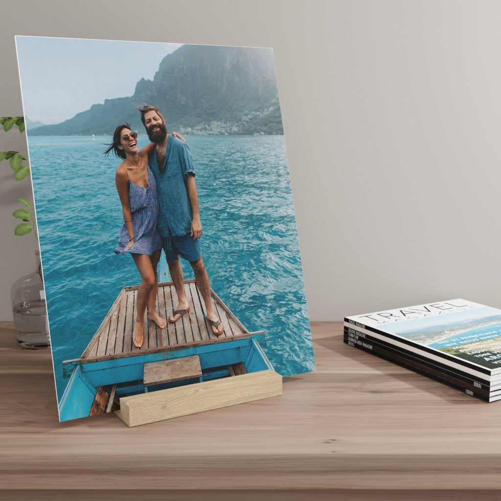 Personalized couple photo stand shown as a gift