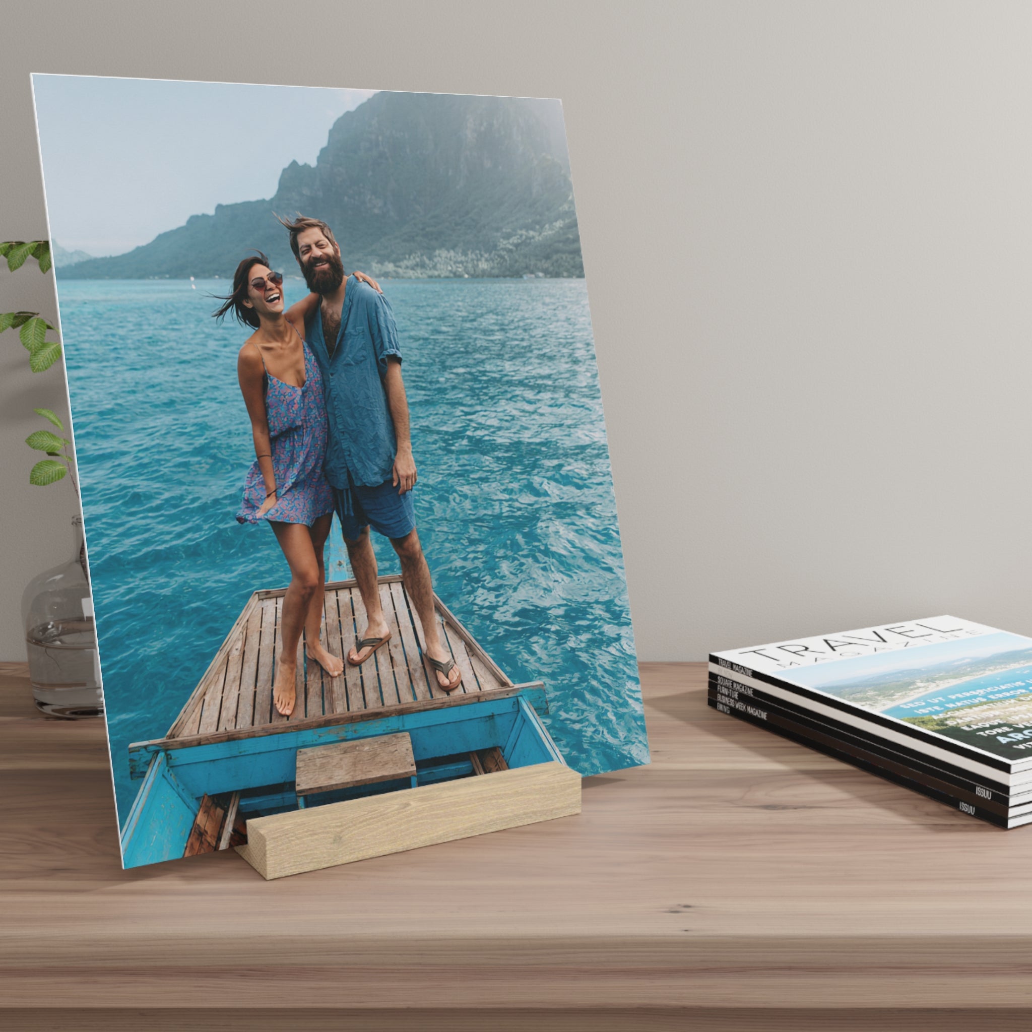 Personalized couple photo stand shown as a gift