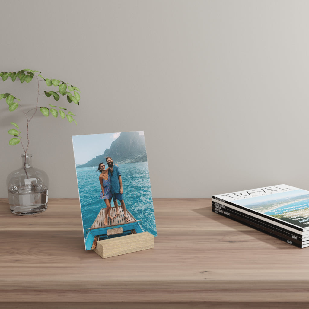 Personalized couple photo stand in a living room setting