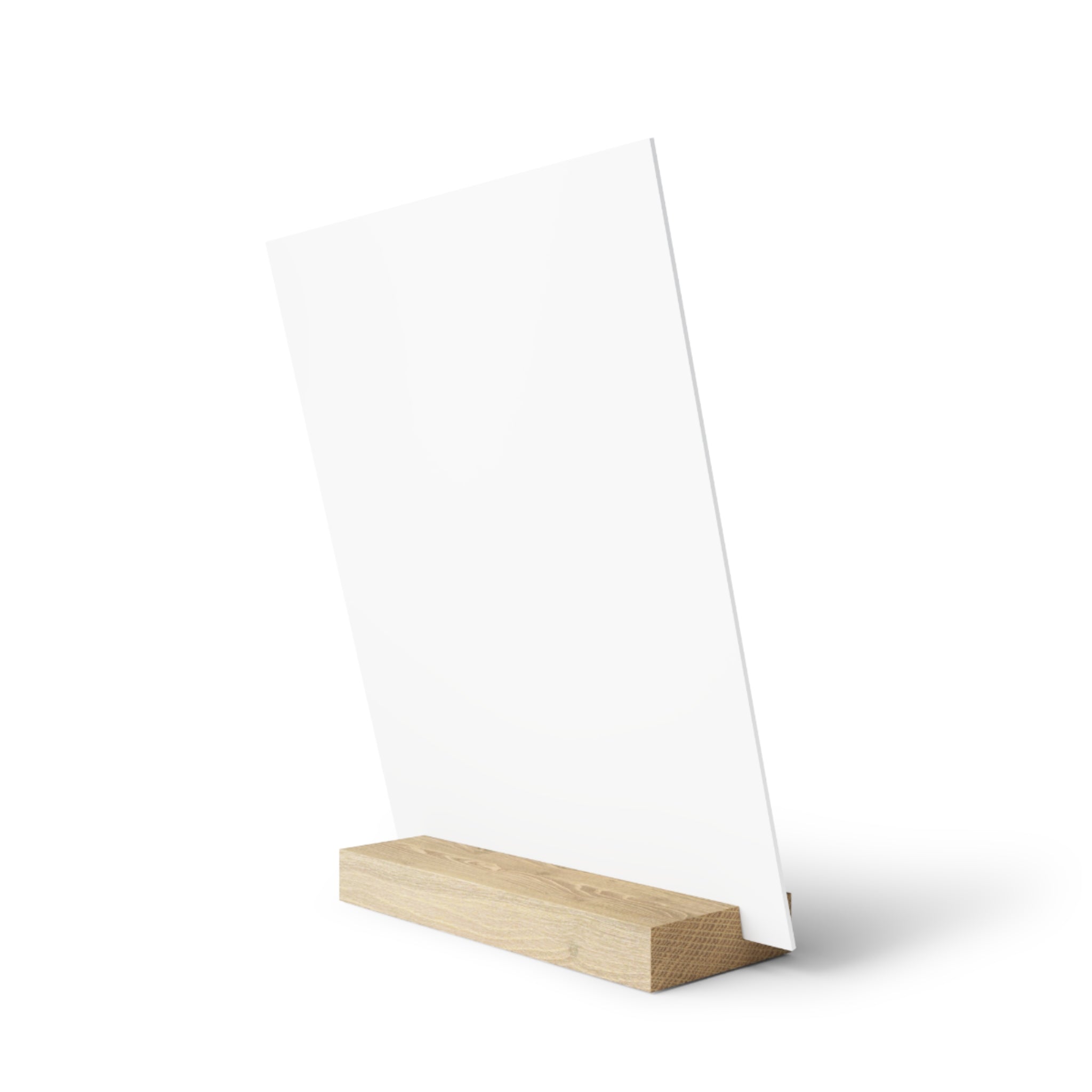 Side view of personalized couple photo stand showing oak base