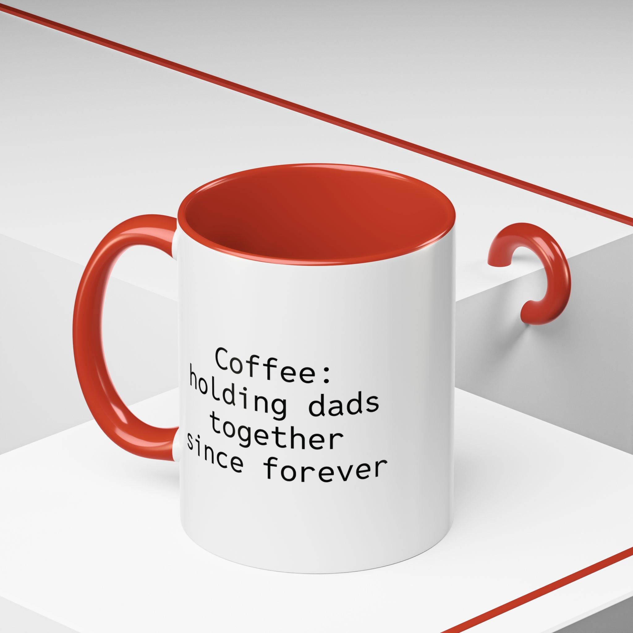 Flat lay of personalized dad coffee mug with coffee beans
