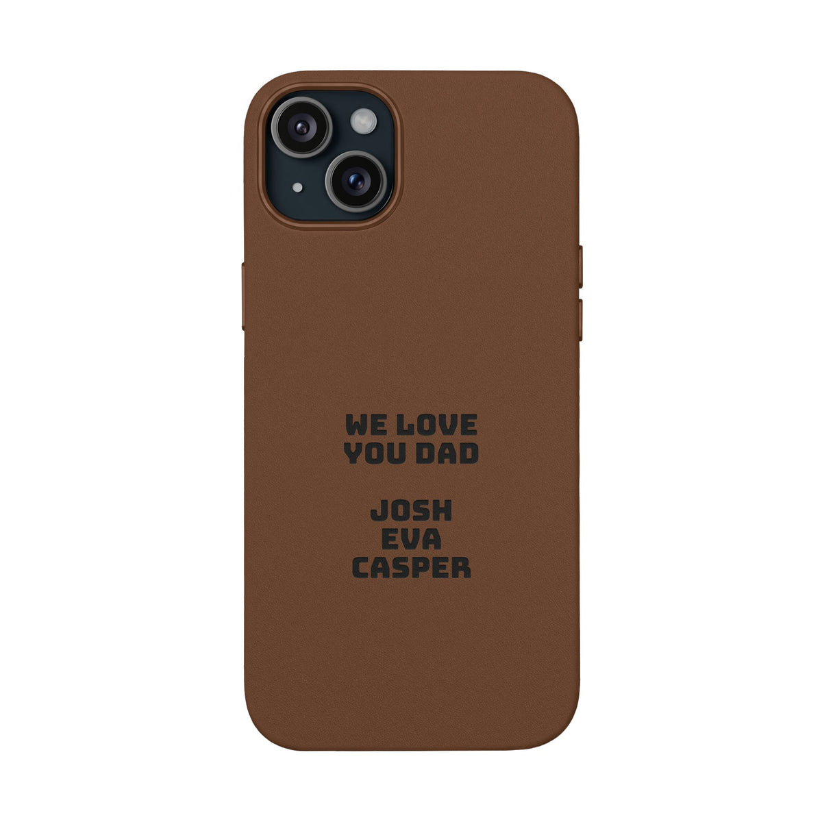 Close-up of engraved text on personalized dad phone case