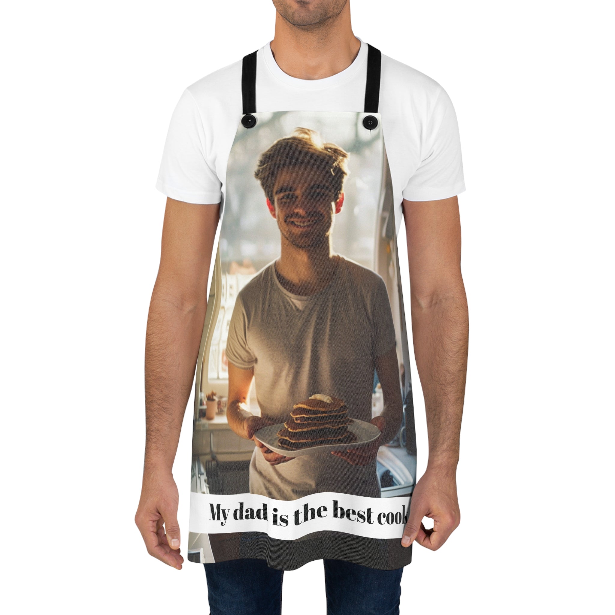 Close-up of photo print and text on personalized dad apron
