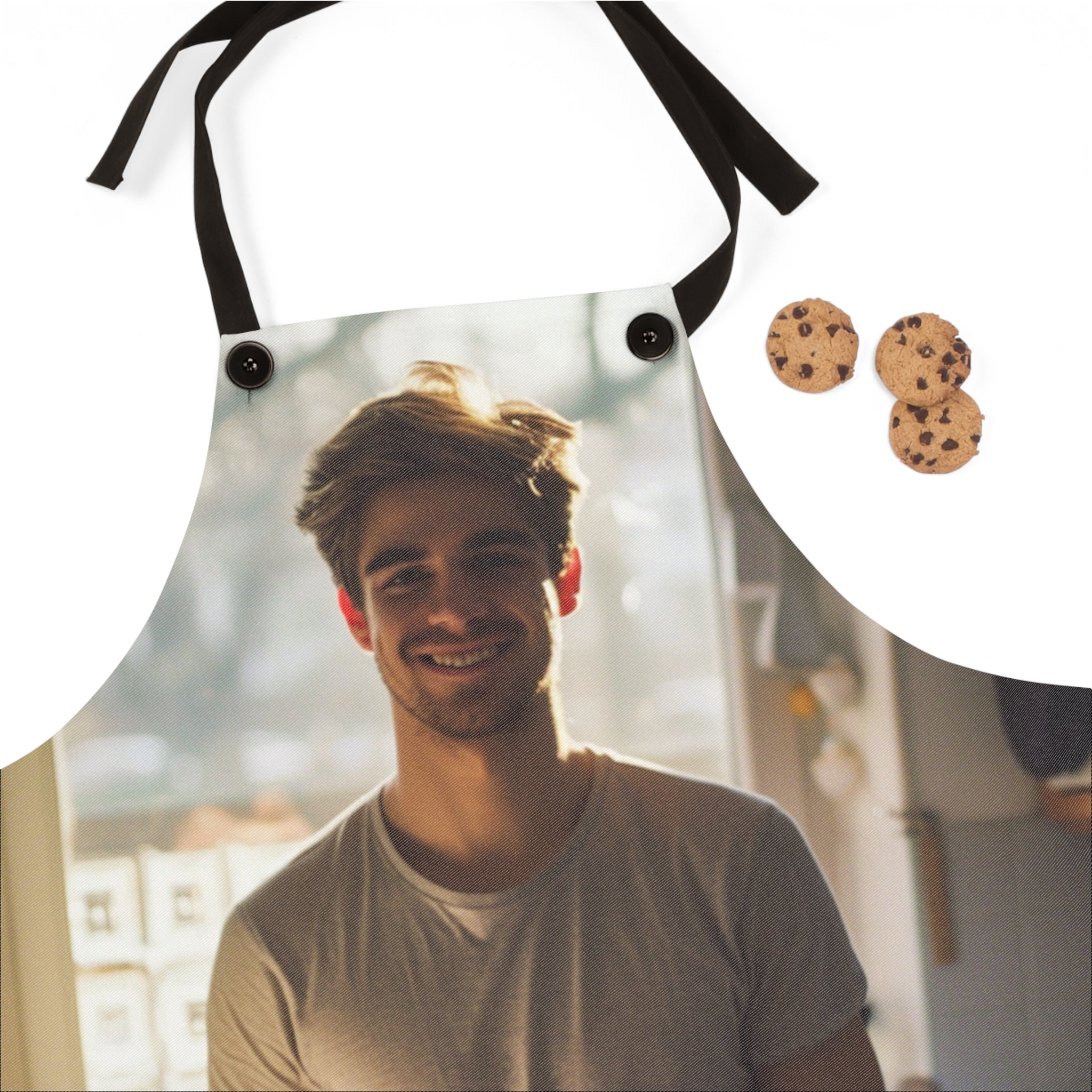 Personalized dad photo apron shown flat with adjustable straps