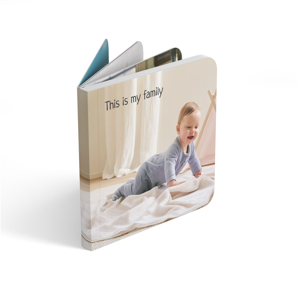 Close-up of personalized family board book page with photo and text