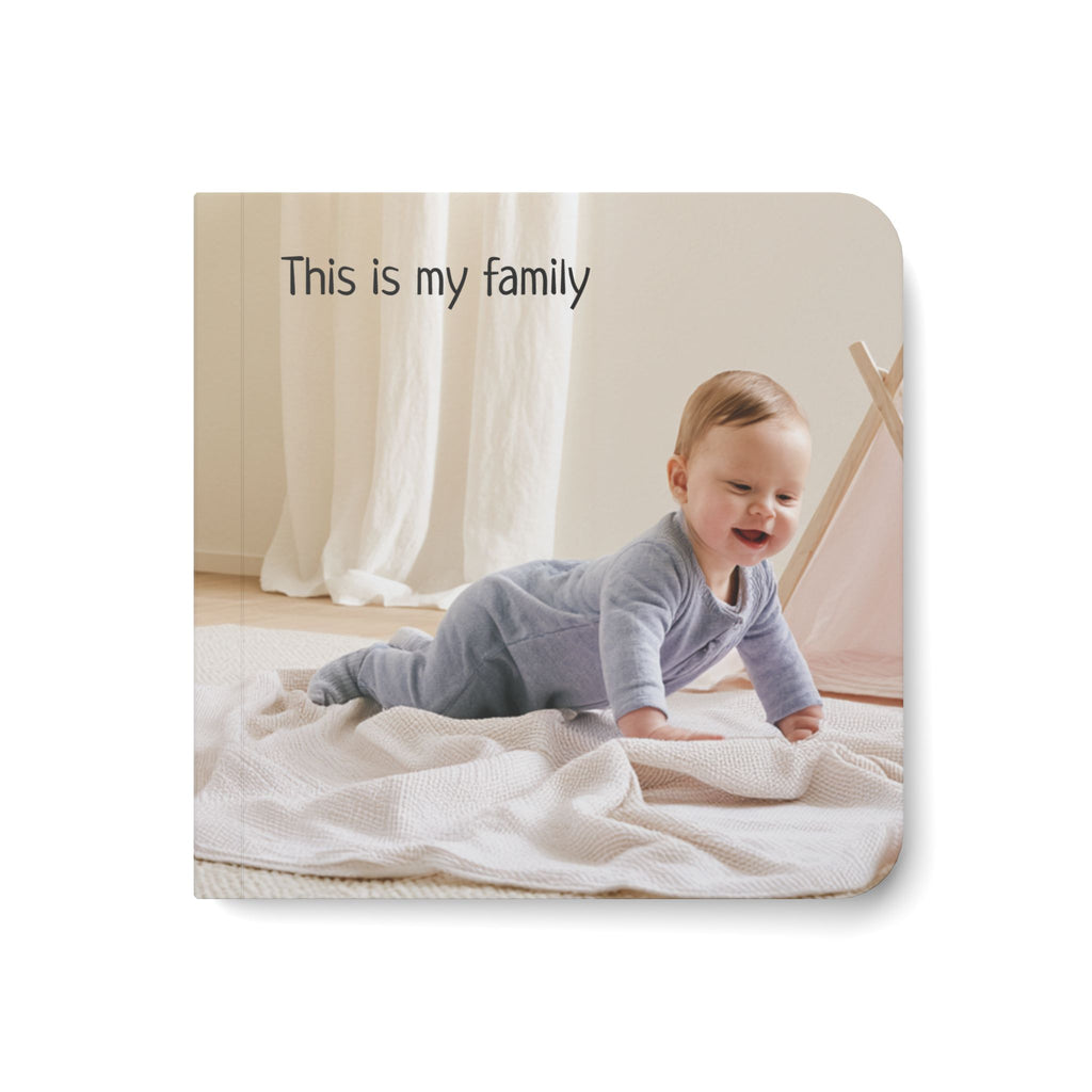 Personalized family board book cover with baby photo and This is my family text