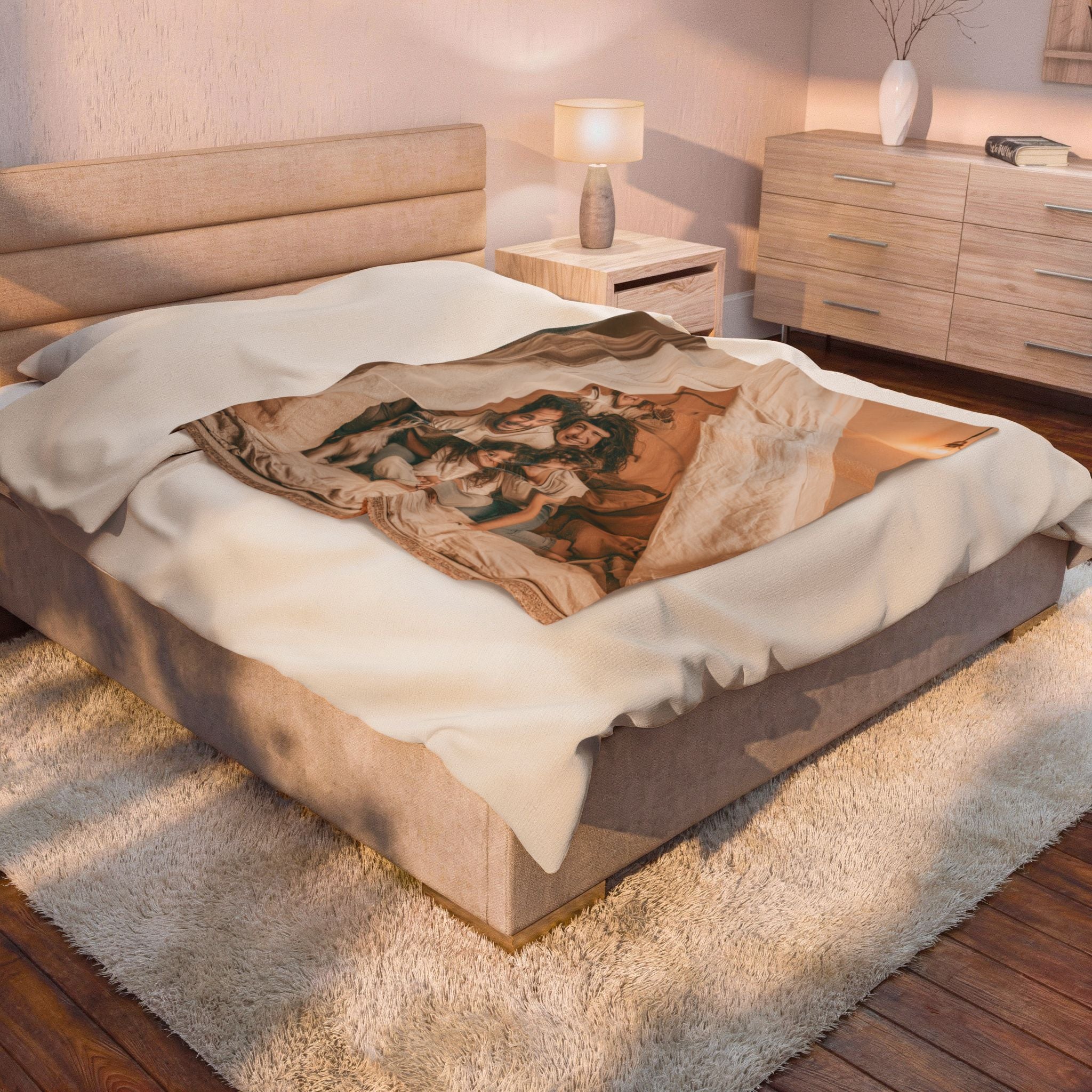 Personalized family photo blanket draped over an armchair