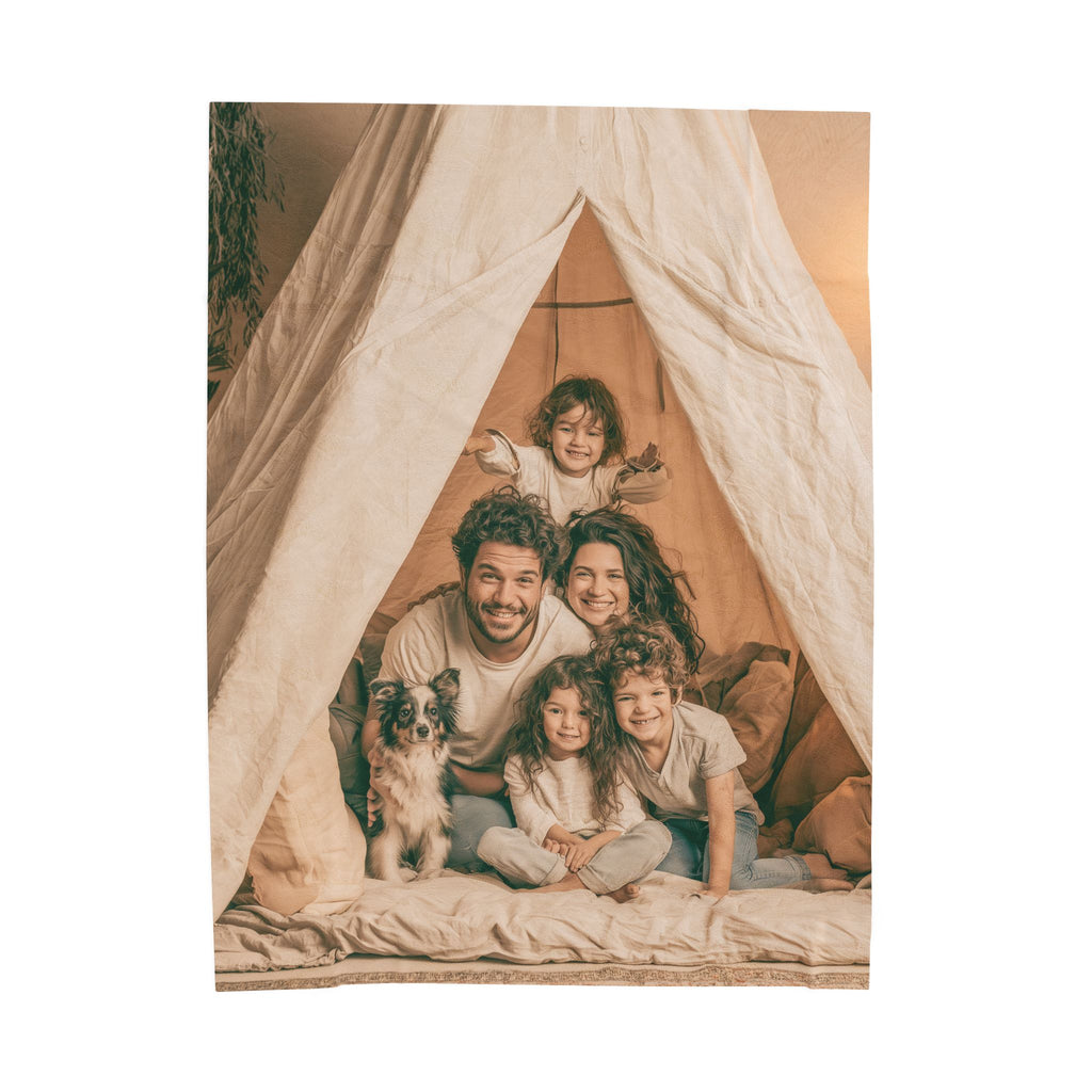 Close-up of personalized family photo blanket print detail