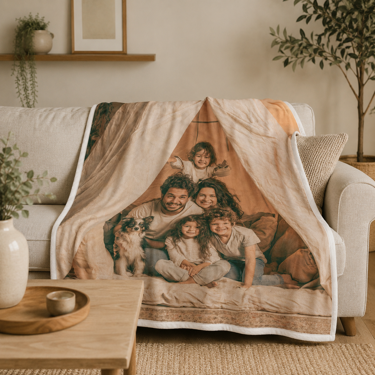 Personalized family photo blanket draped over a couch with tent scene design