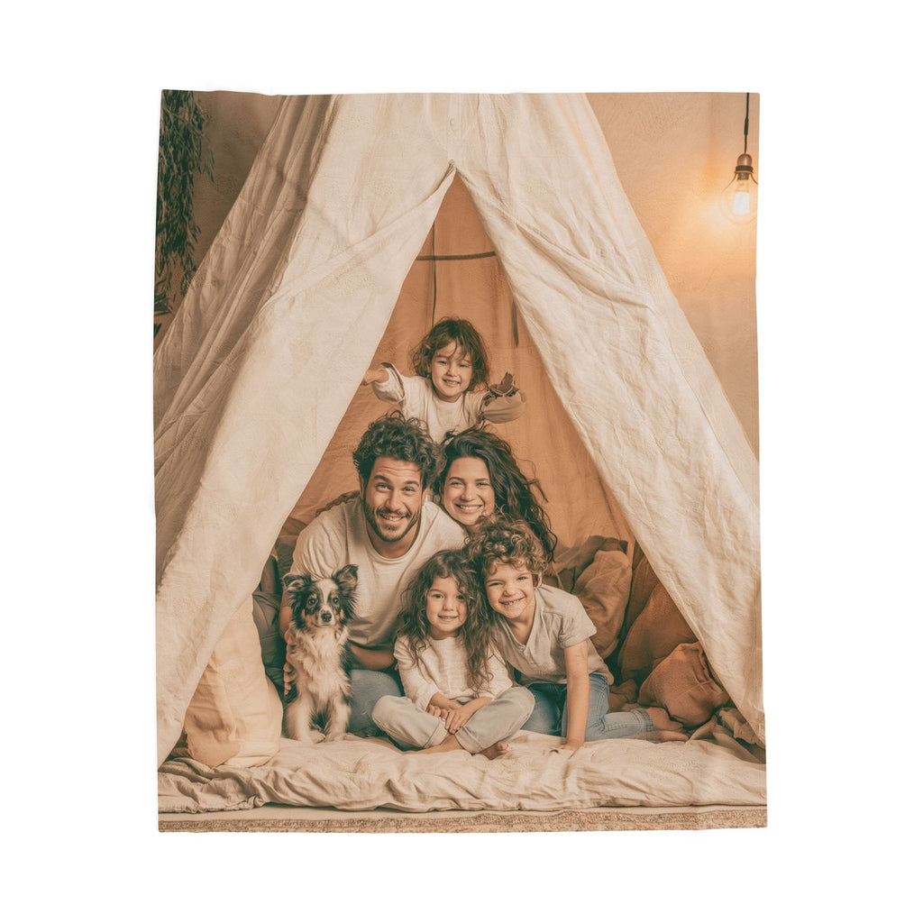 Personalized family photo blanket flat lay showing full print