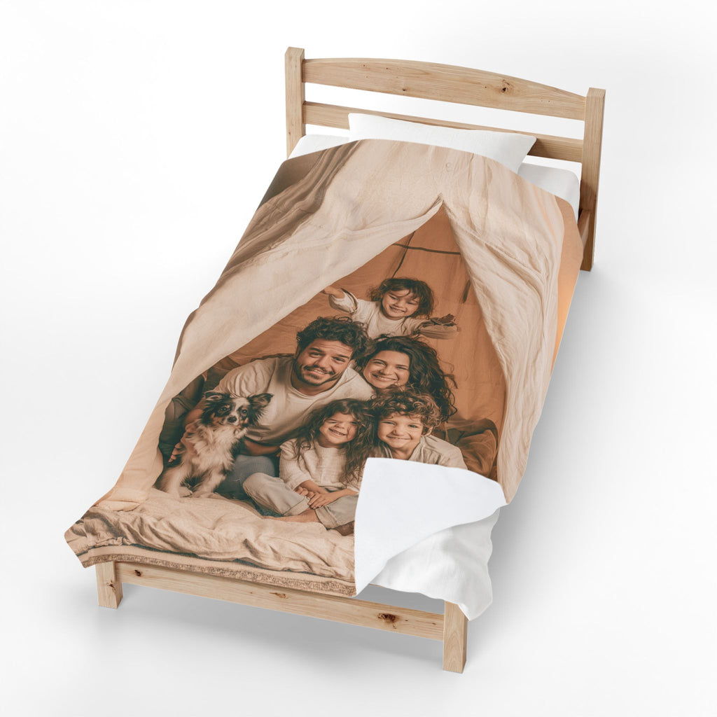 Personalized family photo blanket in a living room setting