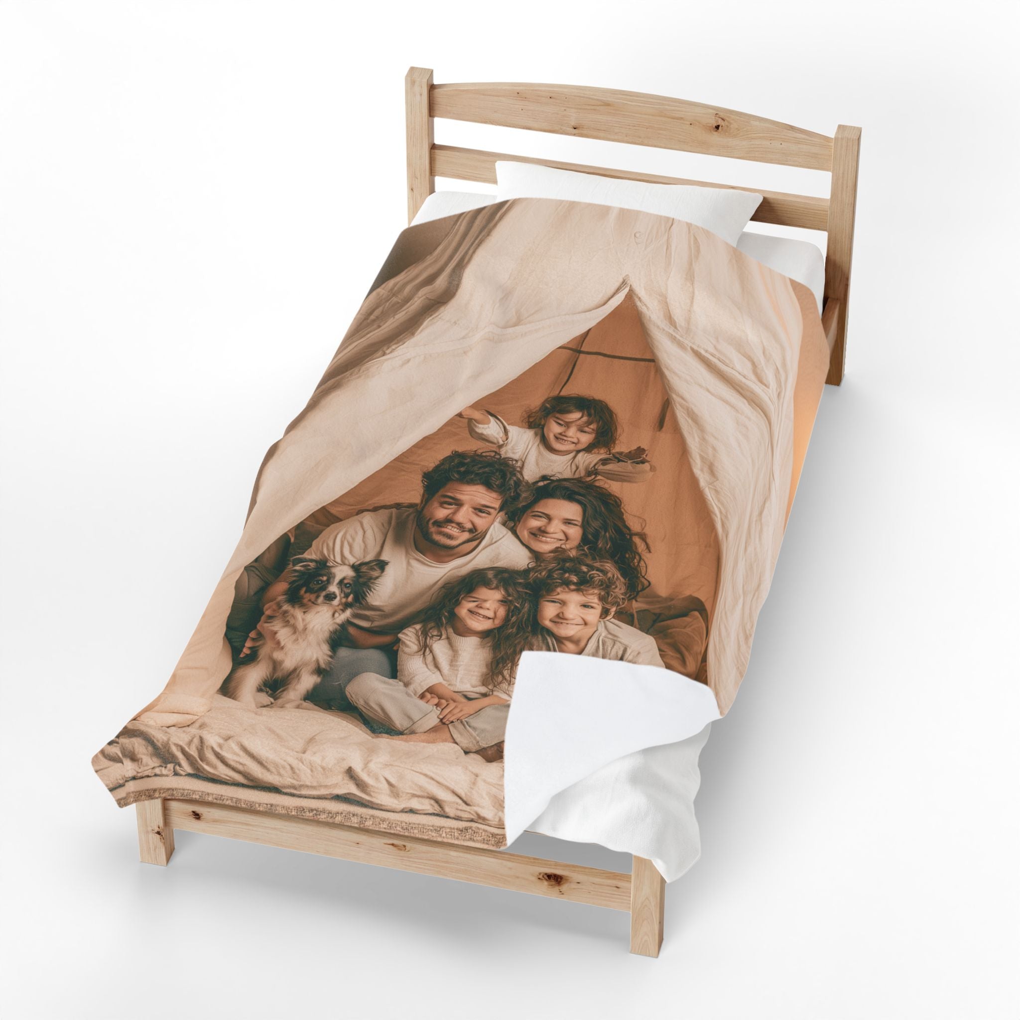 Personalized family photo blanket in a living room setting
