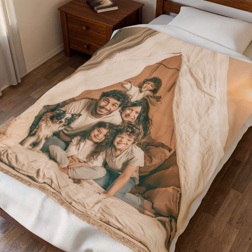 Size comparison of personalized family photo blanket options