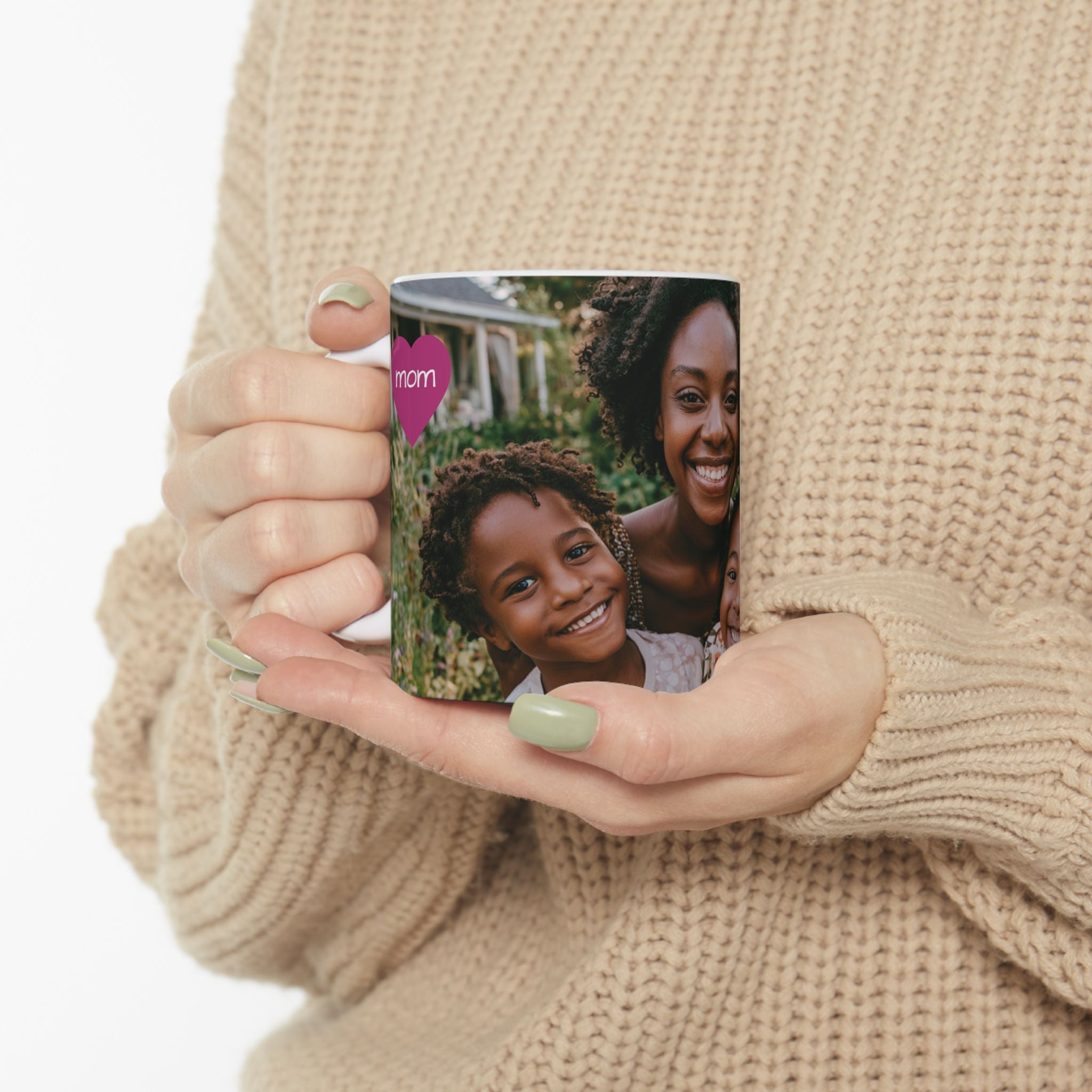 Close-up of personalized family photo mug print detail