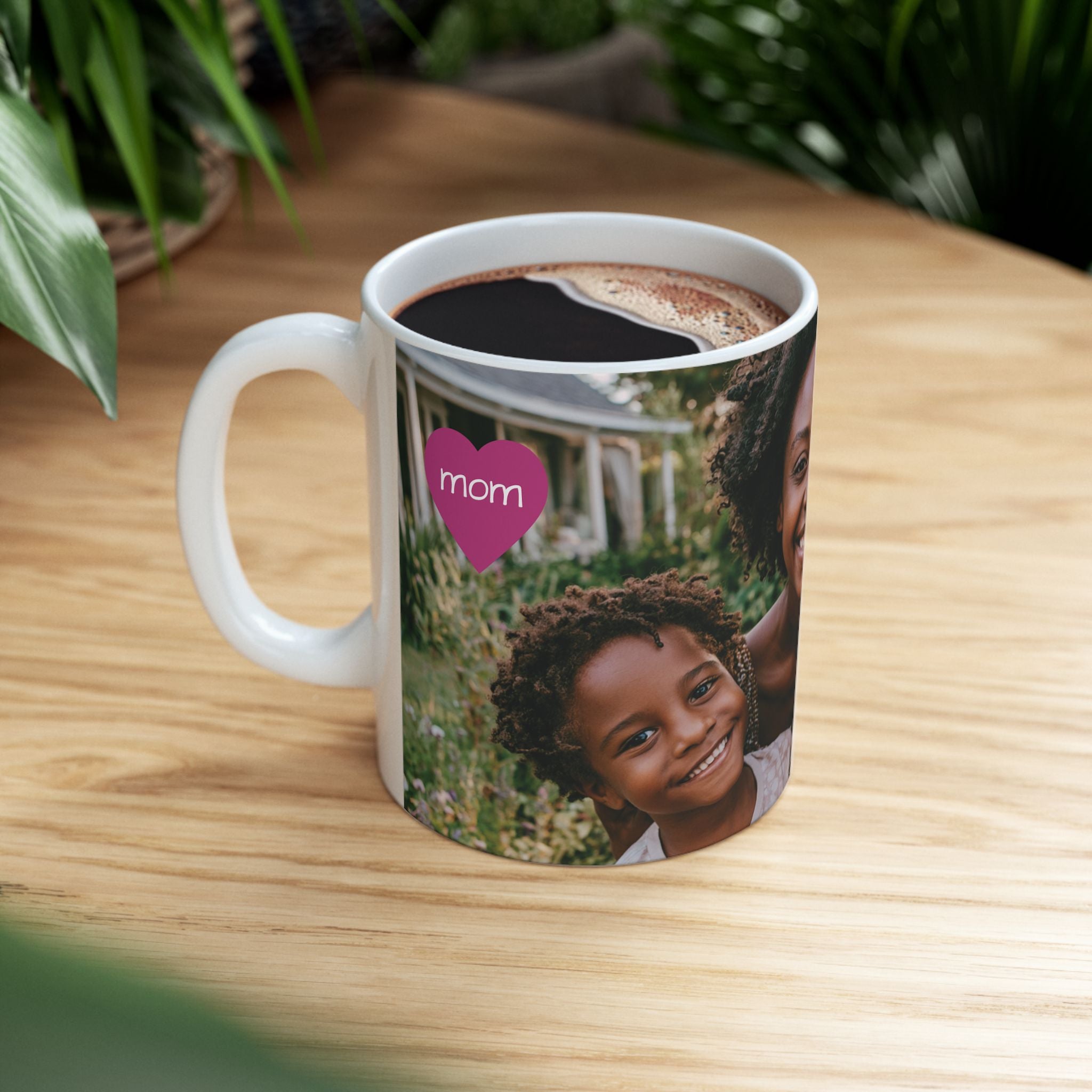 Personalized family photo mug displayed on a kitchen shelf