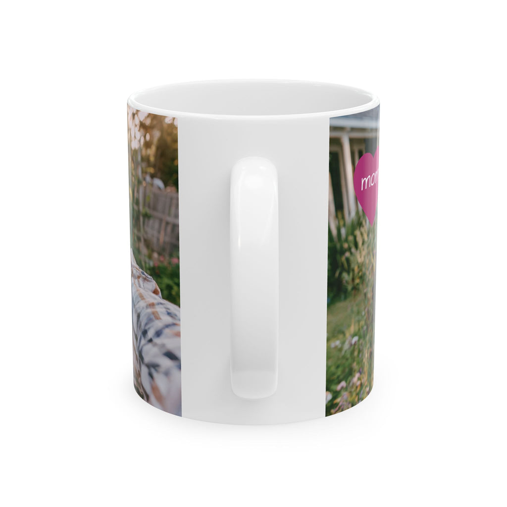 Personalized family photo mug held in hand at home
