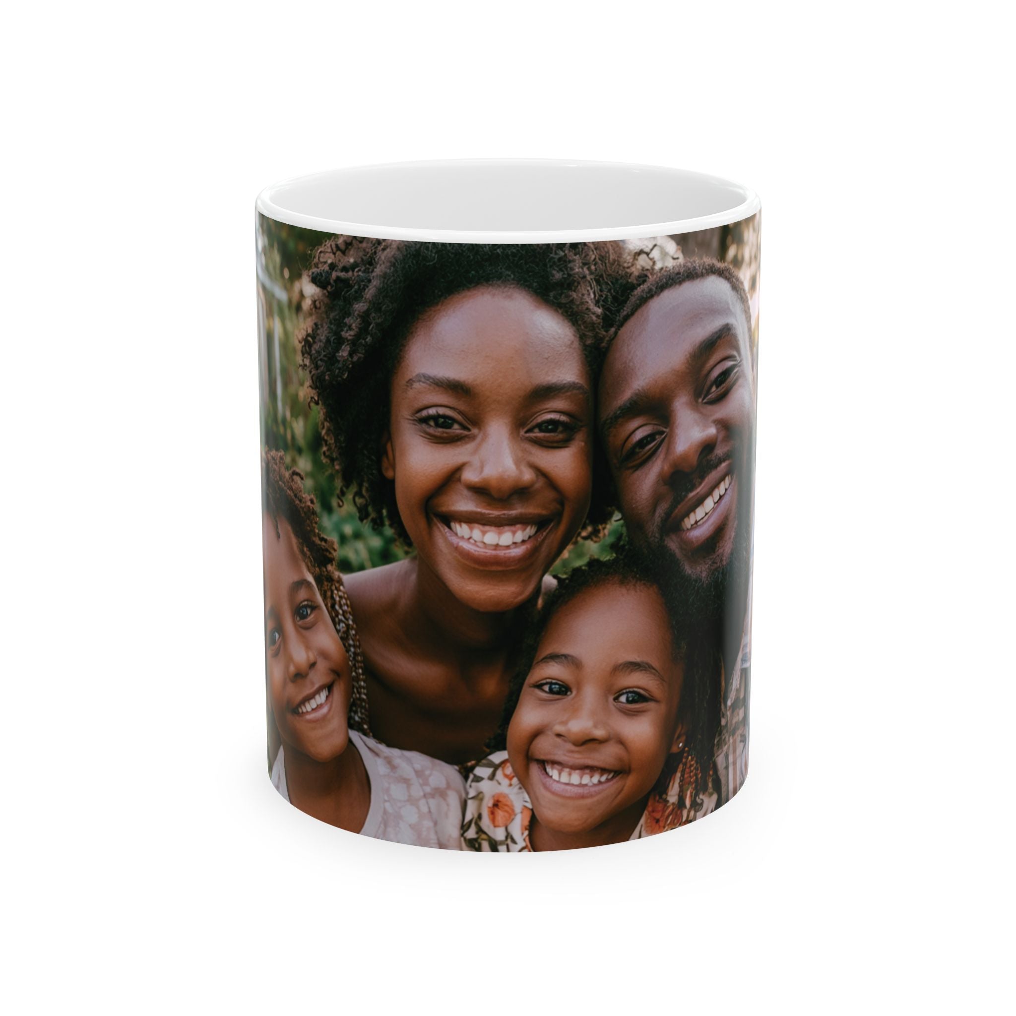 Personalized photo mug with family of four smiling together outdoors