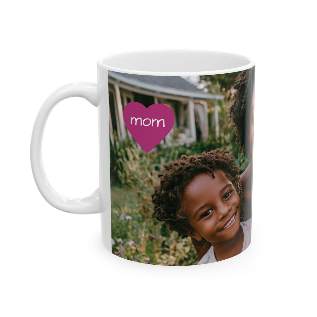 Personalized family photo mug shown from the side with C-handle