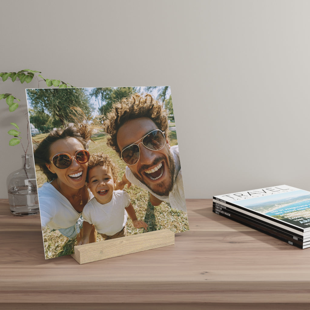 Personalized family photo stand in the 10 by 10 inch size