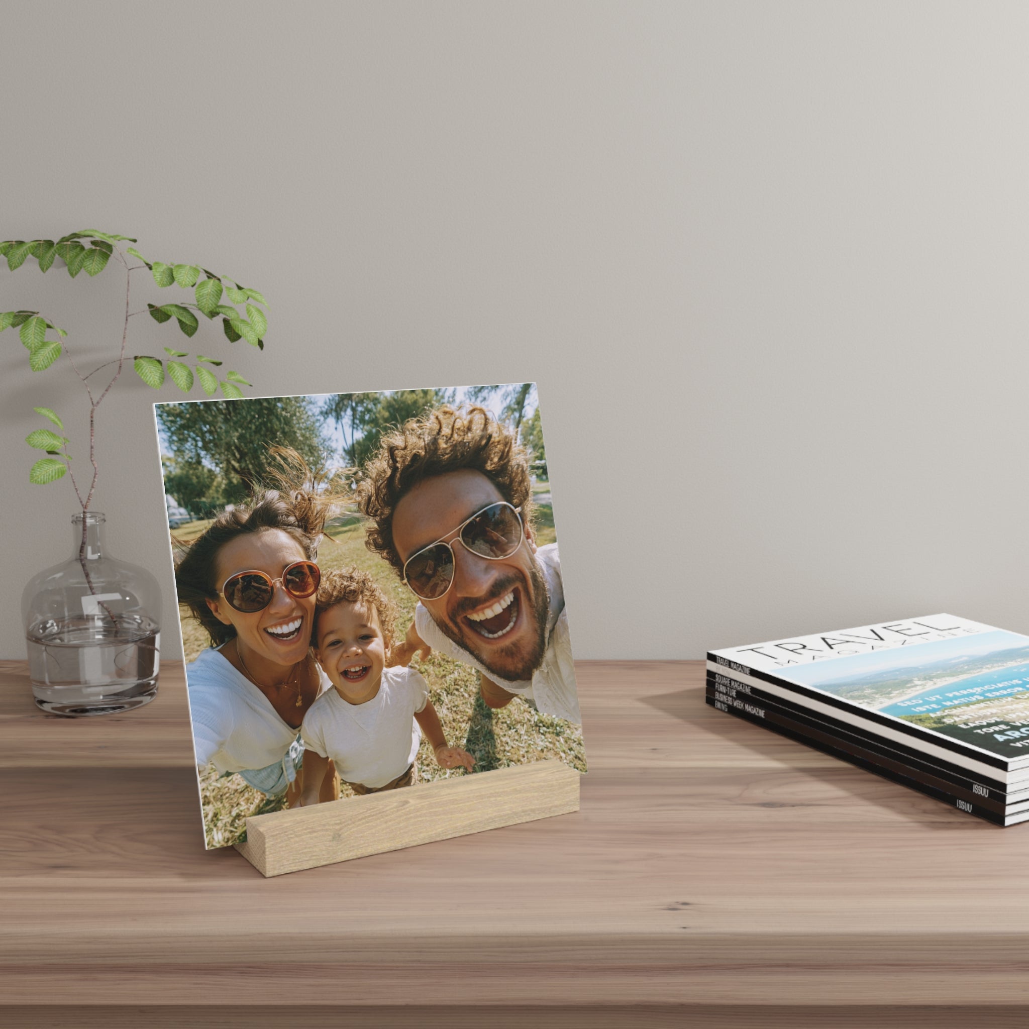 Personalized family photo stand on a bookshelf with decor