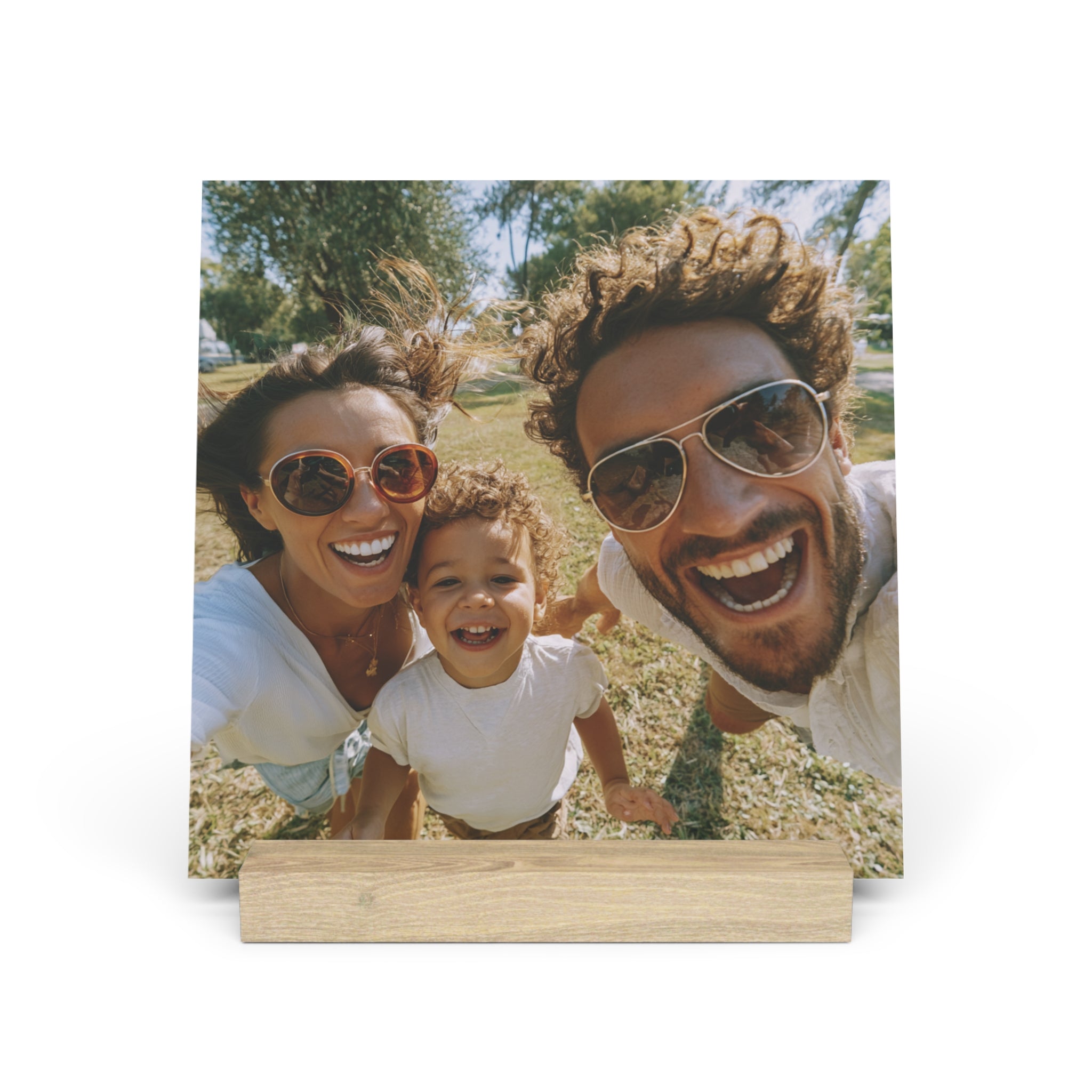 Close-up of oak stand on personalized family photo print