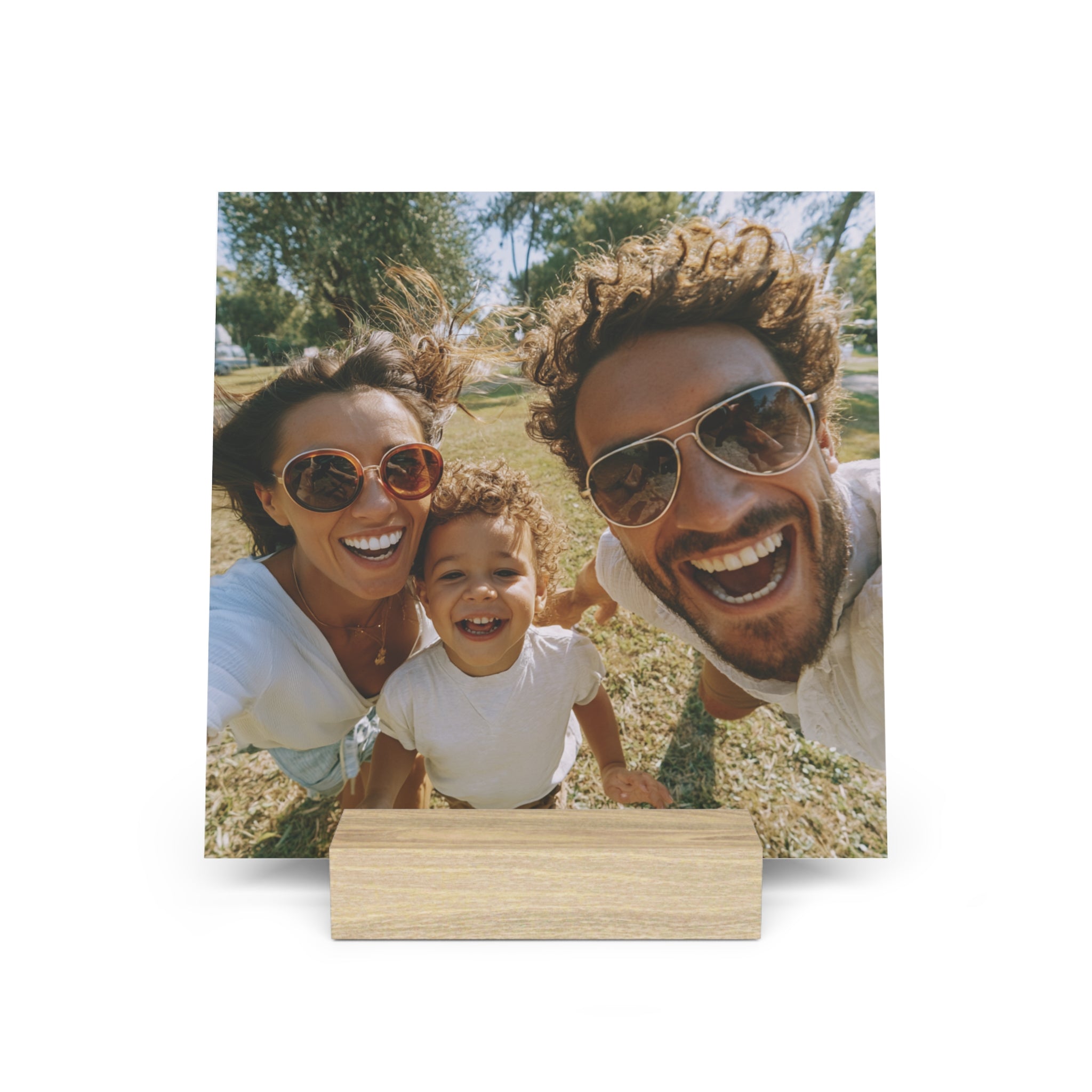 Personalized family photo stand on a desk