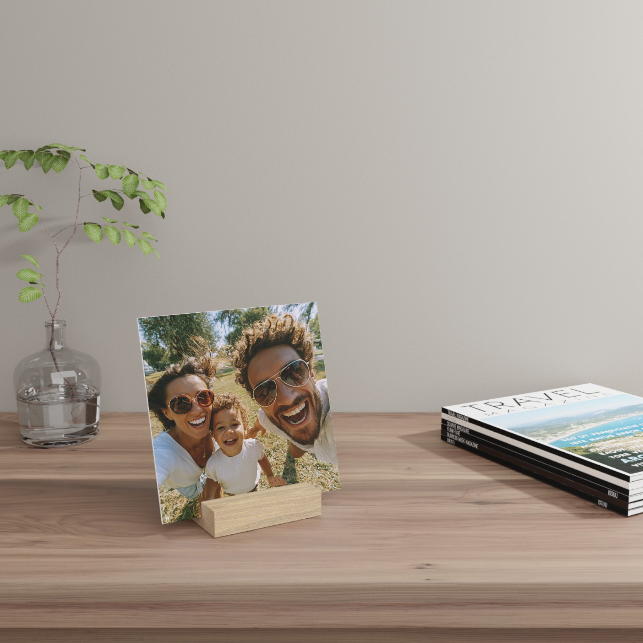 Personalized family photo stand in a living room setting
