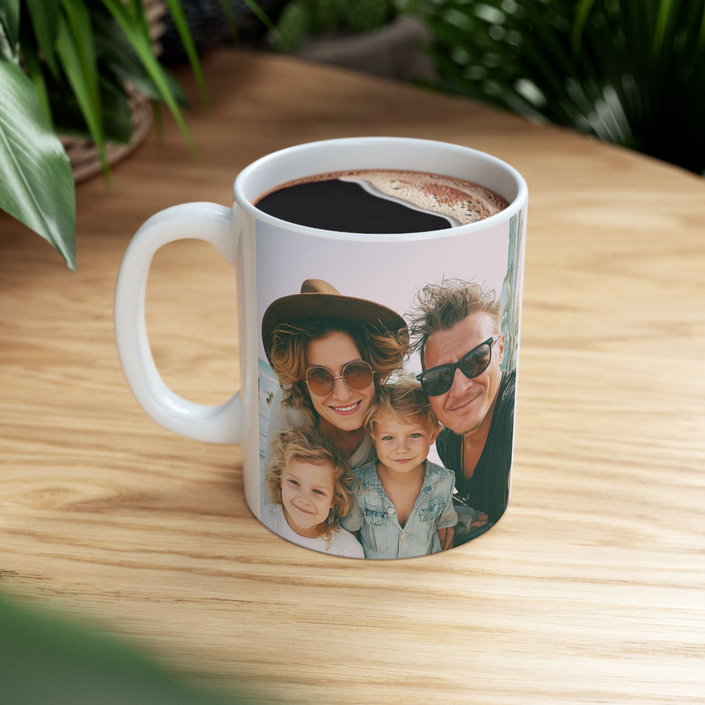 Personalized family selfie photo mug displayed at home
