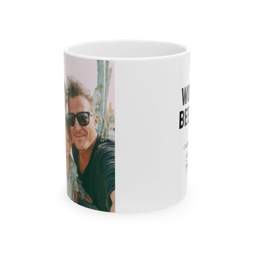 Personalized family selfie photo mug on a plain background