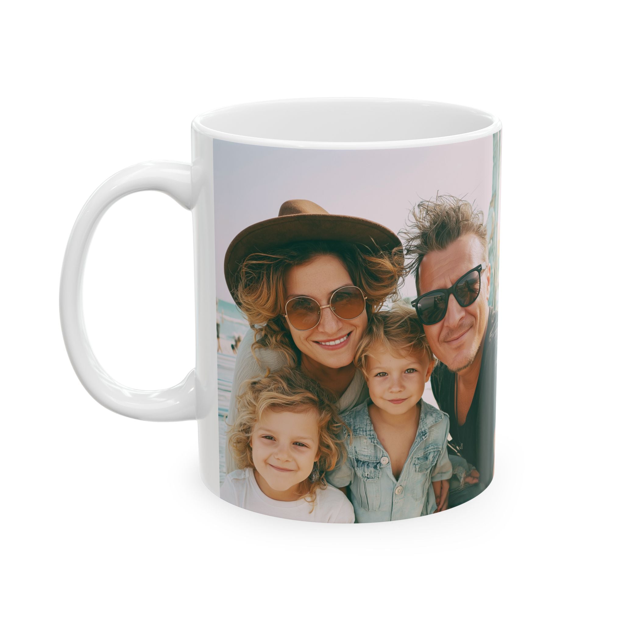 Personalized family selfie photo mug shown from the side with C-handle