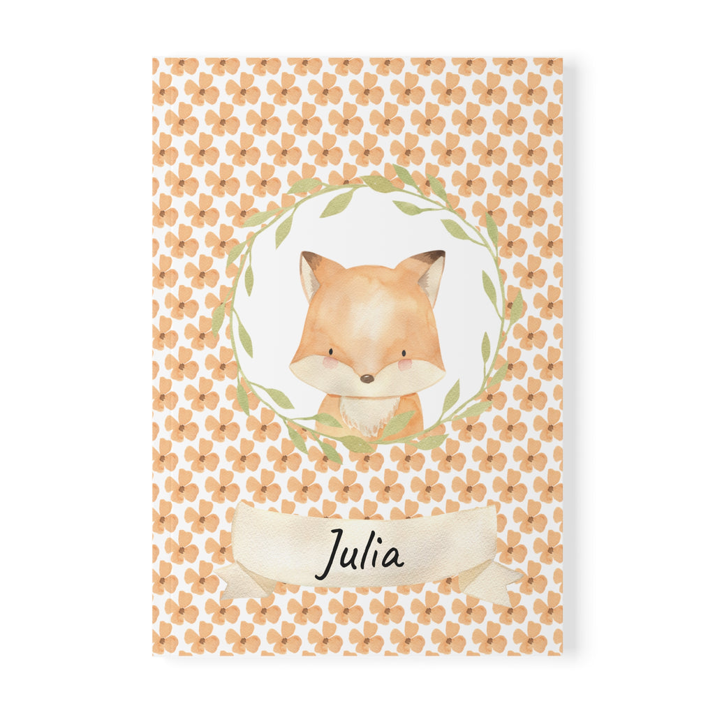 Personalized fox notebook cover with hand-painted fox in a wreath and custom name