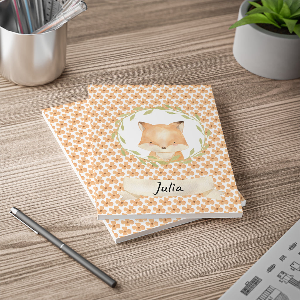Personalized fox notebook shown open lying flat
