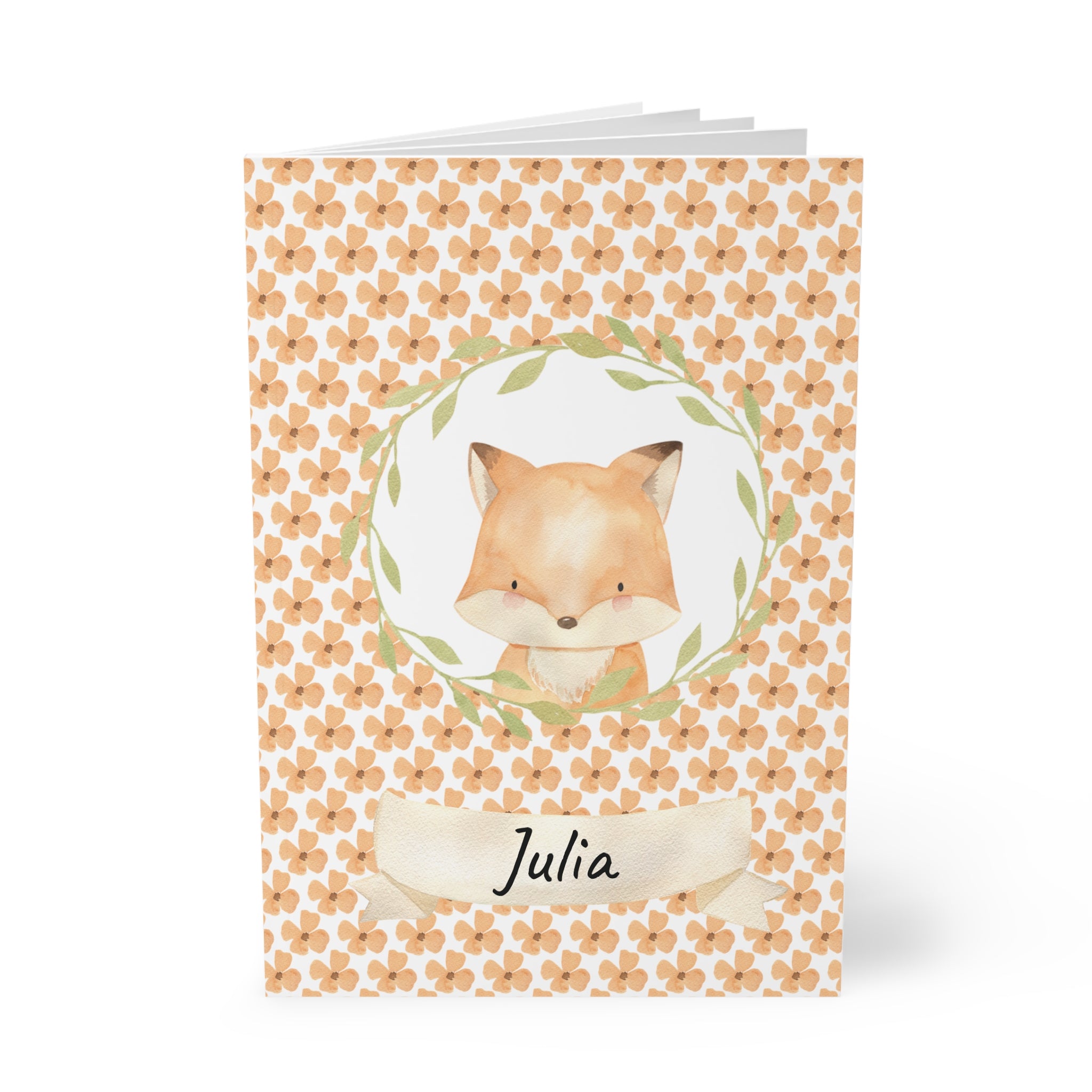 Personalized fox notebook held in hand showing A5 size