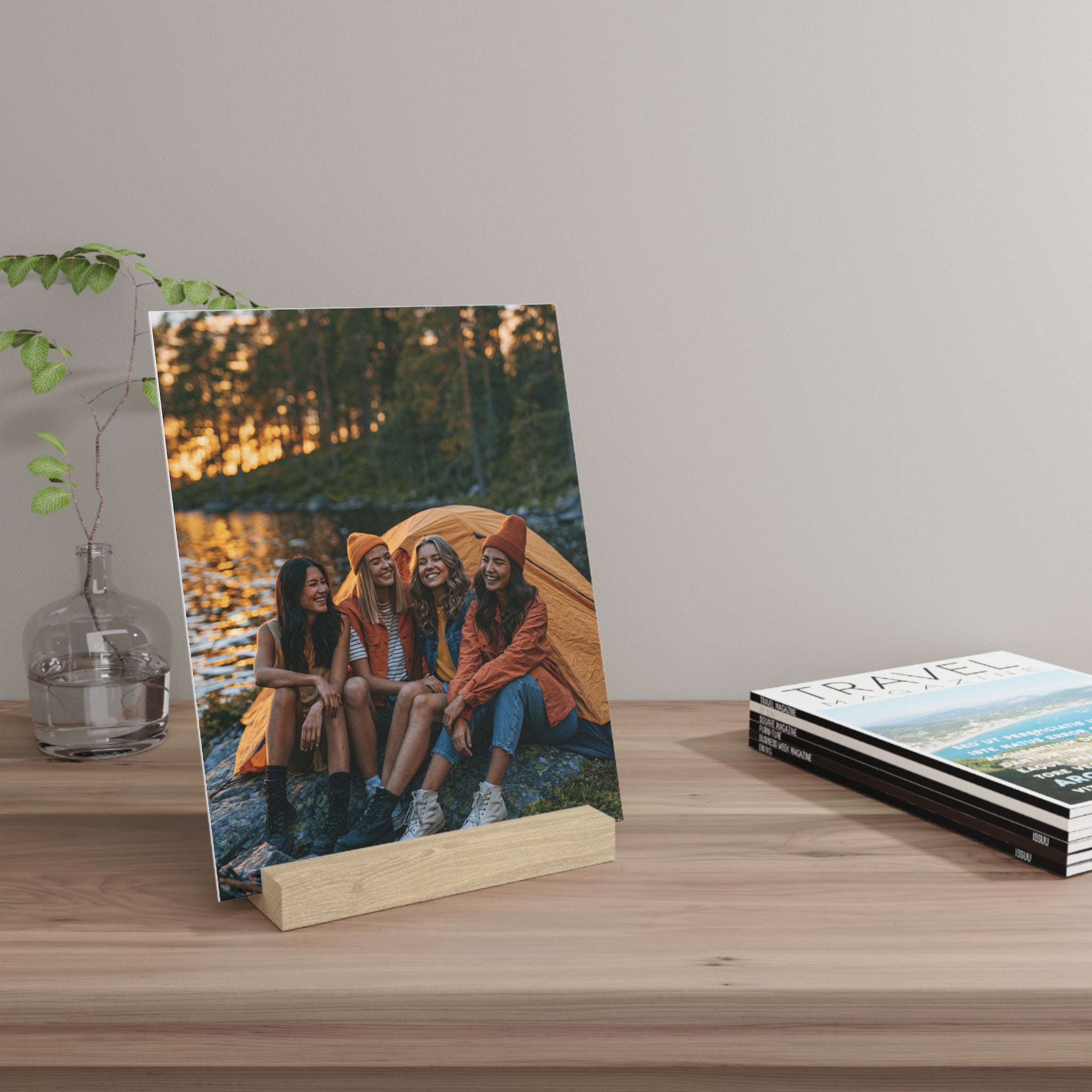 Personalized friends photo stand on a bookshelf with decor
