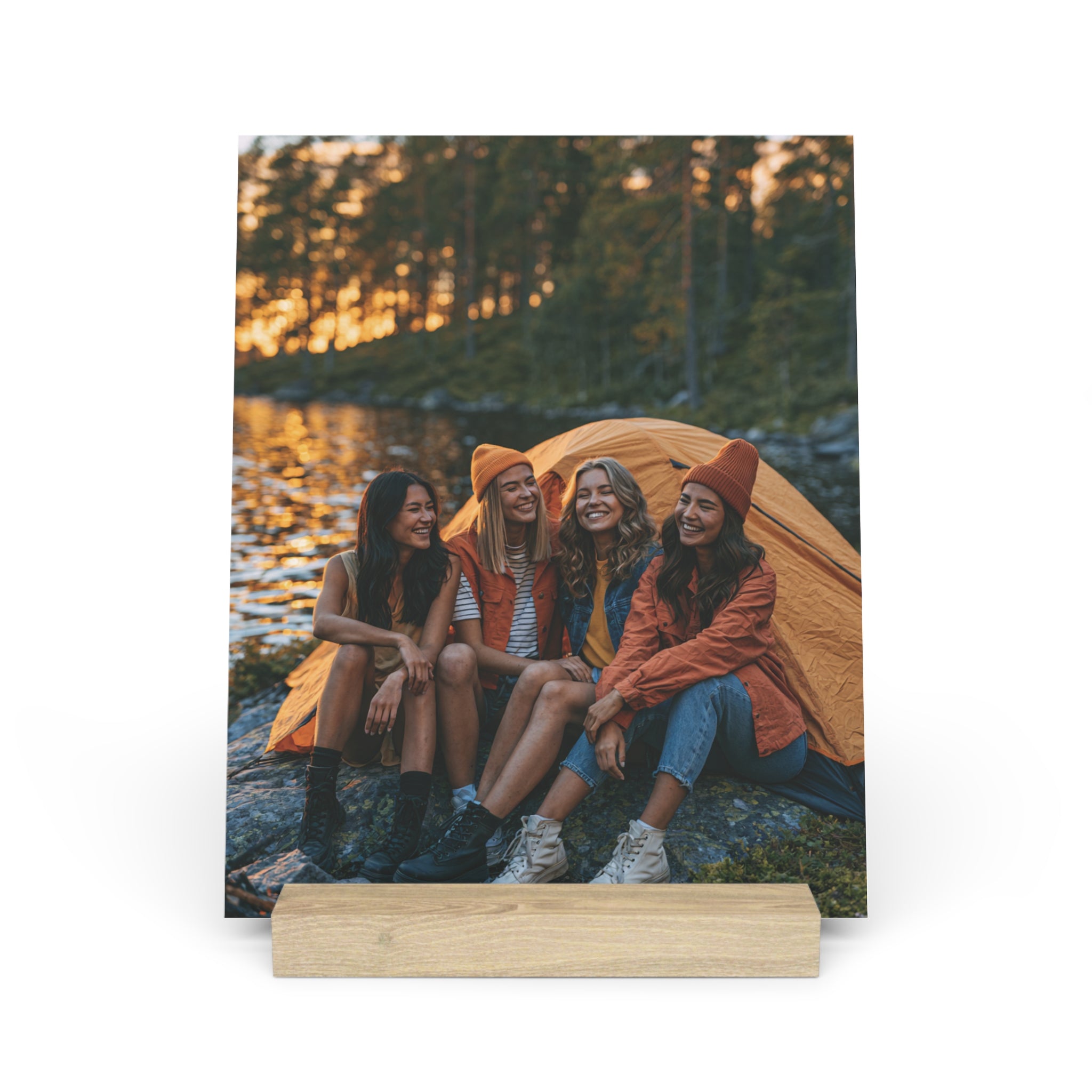 Close-up of oak stand on personalized friends photo print
