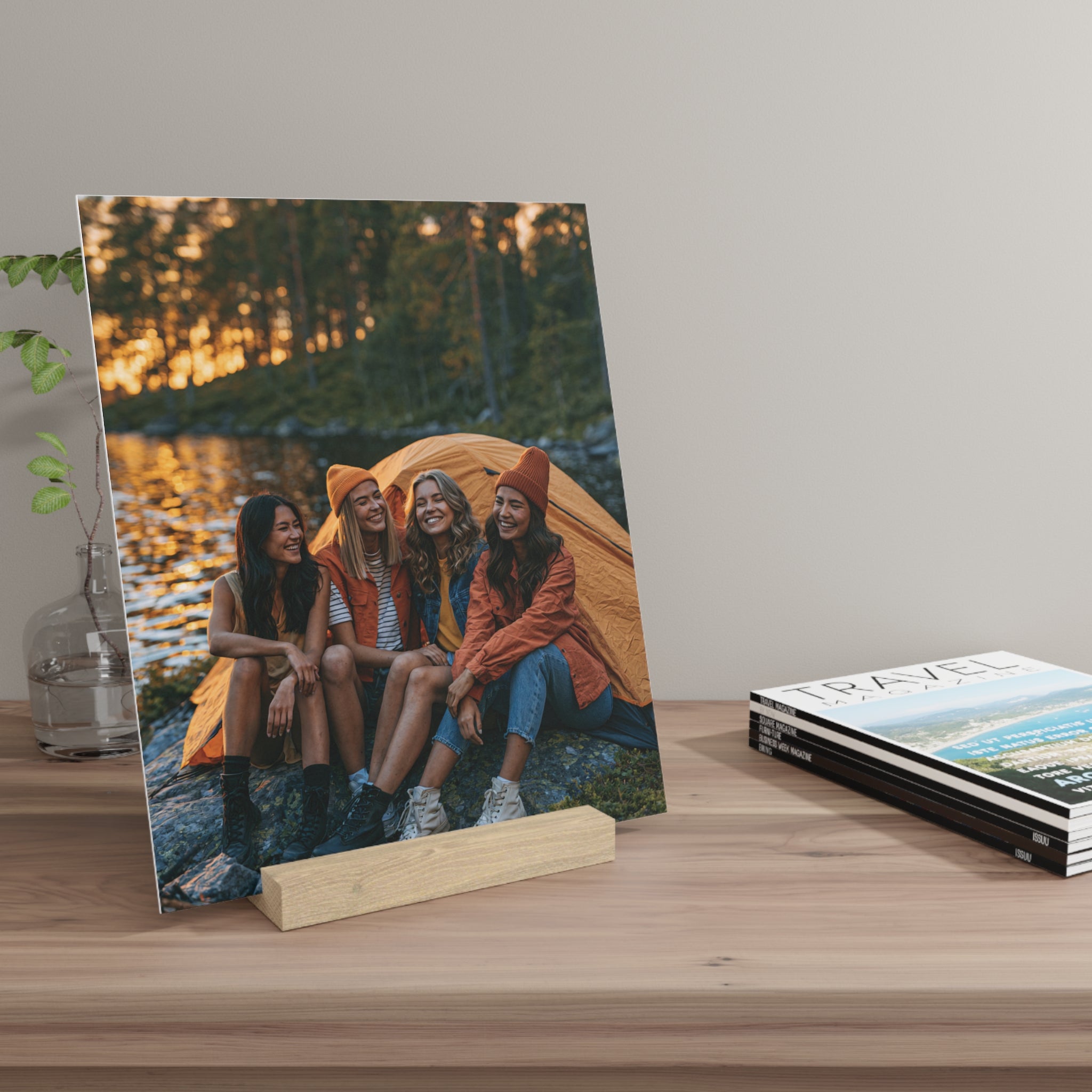 Personalized friends photo stand on an entryway table